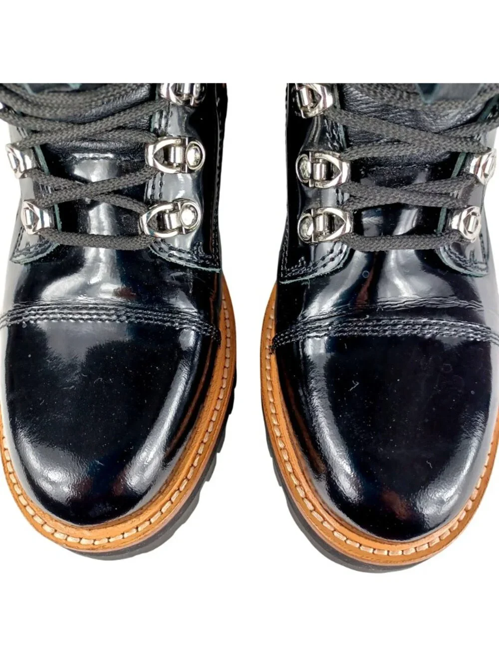 Marc Fisher Boots Lug Sole Ankle Lace Patent Leather Black Combat Women Size 6